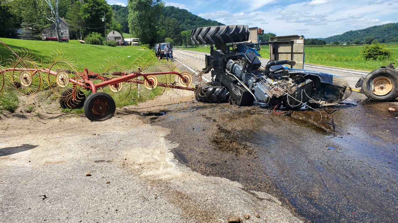 Two hurt in dump truck vs tractor crash near La Farge