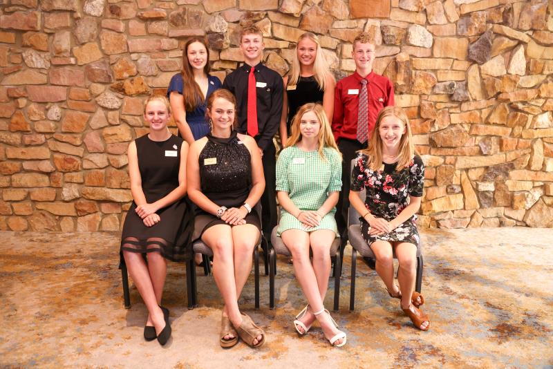 Cutline: The 2023 Young Distinguished Junior Member finalists were recognized during the 2023 National Holstein Convention. Pictured in the front from left to right are Kiara Konyn, Mykel Mull, Sarah Craun, and Jesslyn Risser. In the back from left to right are Alexis Schultz, Christopher Gunst, Cathryn Gunst, and Dylan Ryan.